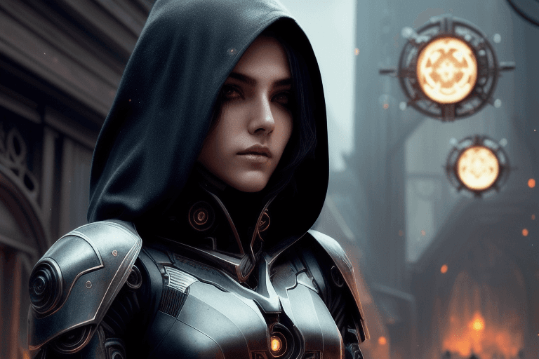 AI generated: (a photo of female assassin), ((beautiful face, symmetrically correct face)), (white hair), sci-fi, ...