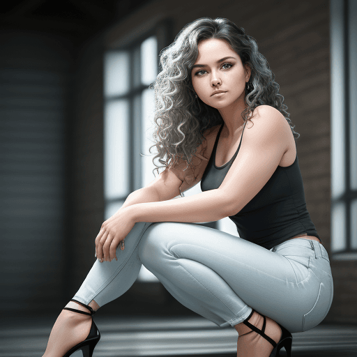 AI generated: A relaxed woman crouches elegantly, legs crossed, supporting her chin with her right hand. She wears...