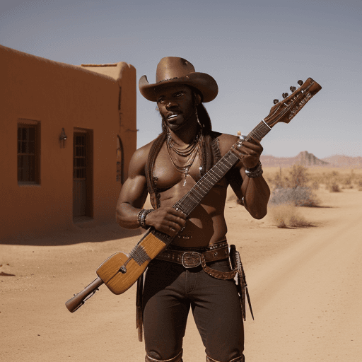 AI generated: black muscular gunslinger with two guns in his hands, in desert town, brown dreadlocks, 8k, guitare ...