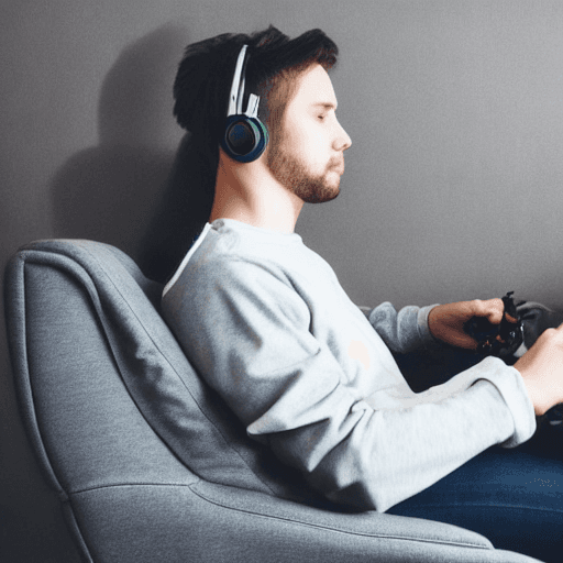 AI generated: guy, on gaming chair, wearing headphones, hoodie,  long hair, facing computer, side view, minimalist...
