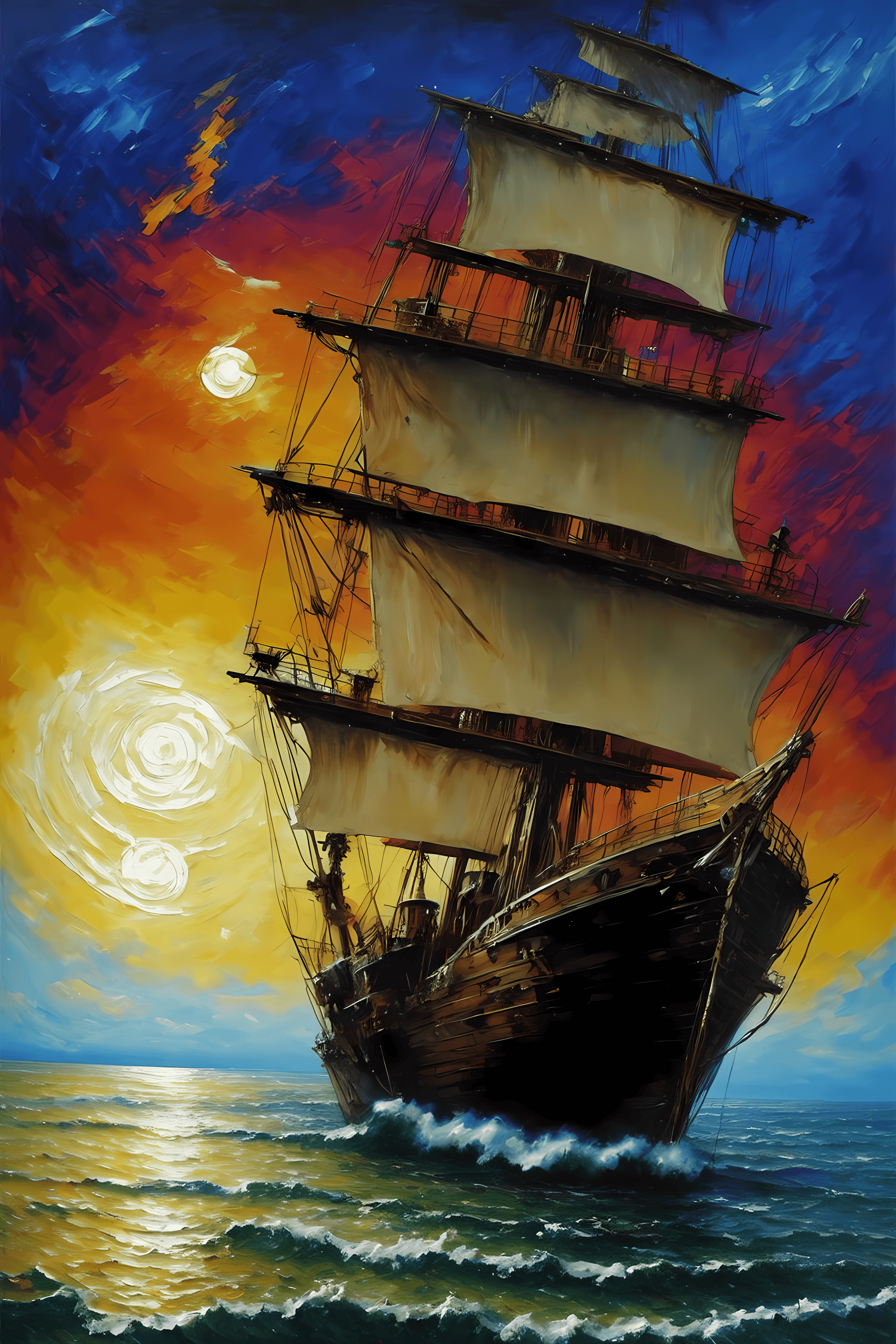 AI generated: oil painting with heavy impasto of a pirate ship and its captain, cosmic horror painting, elegant in...