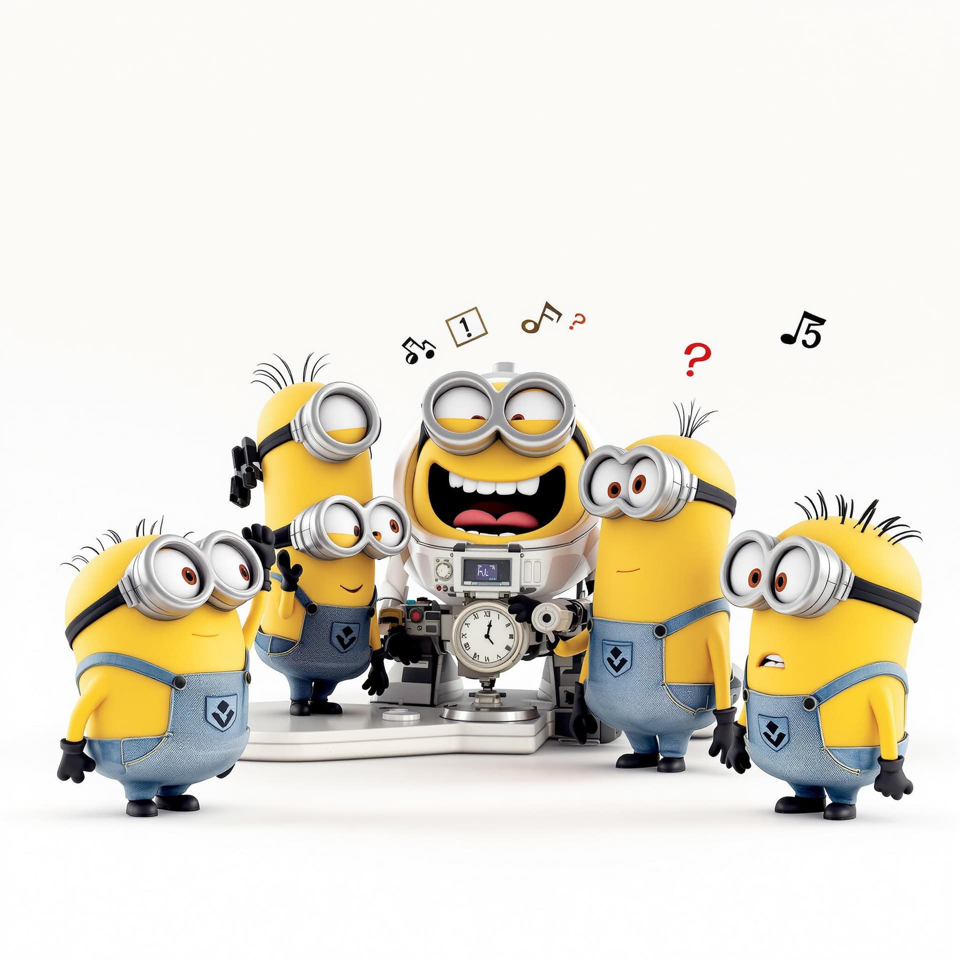 AI generated: A picture of the Minions and Professor Gadget's standing next to the time machine and being happy Mi...