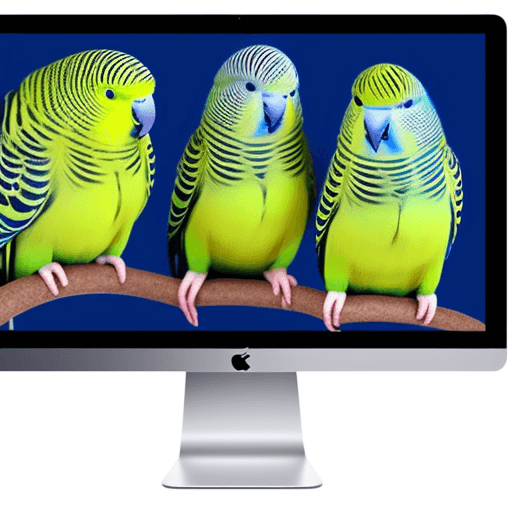 AI generated: 4 budgie parakeets, sitting on a mac monitor. One budgie is all white, 2nd budge has yellow head and...