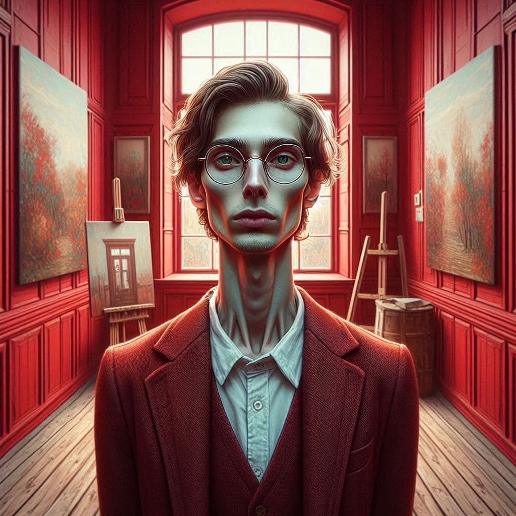 AI generated: skinny bespectacled pianist in a red cell with a window like a John William Waterhouse painting with...