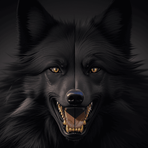 AI generated: Black wolf, open.mouth teeth showing yellowish eyes. octane render, trending on artstation,t symmetr...