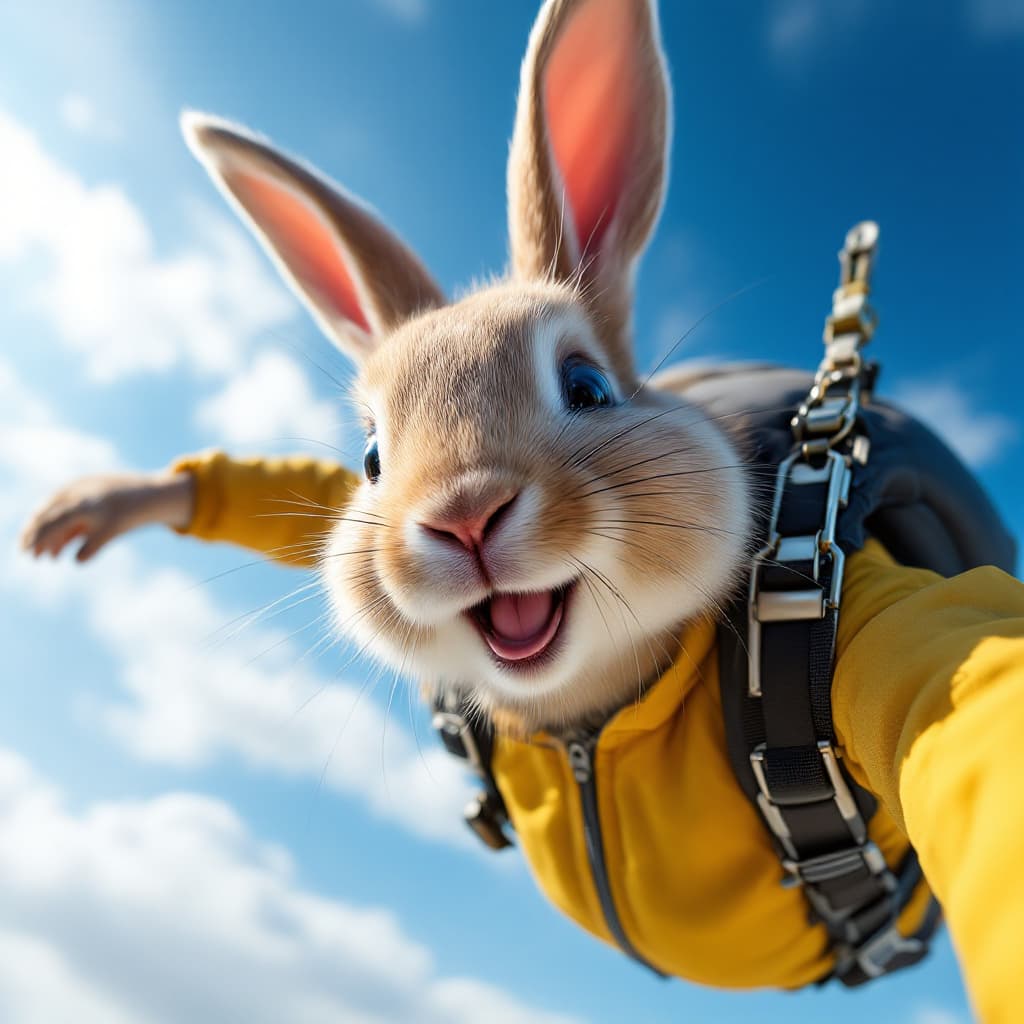 AI generated: a photo realistic rabbit do skydive.
blue sky
smile on face
fun picture for a entreprise annoncing e...