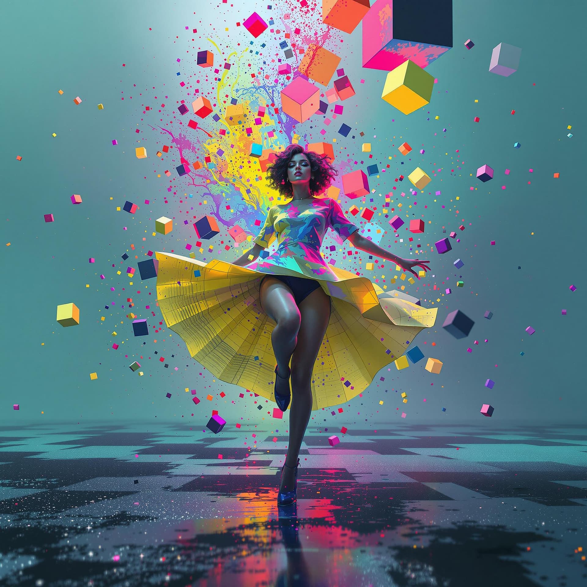 AI generated: minimalistic electro music album cover, perfect cubes, hyper detailsabstract dancing girl, colorful,...