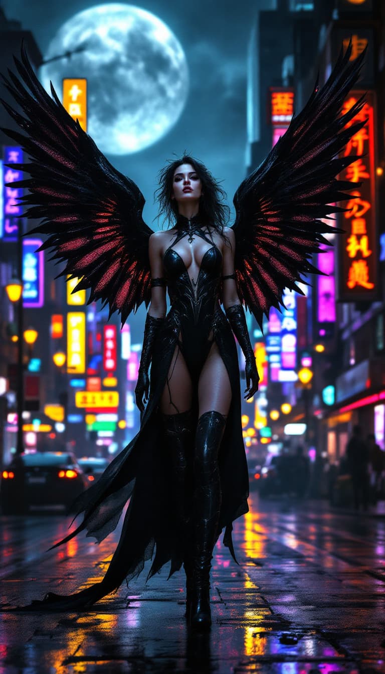 AI generated: epic fantasy character art, woman in a black outfit with wings, city street at night, illuminated by...