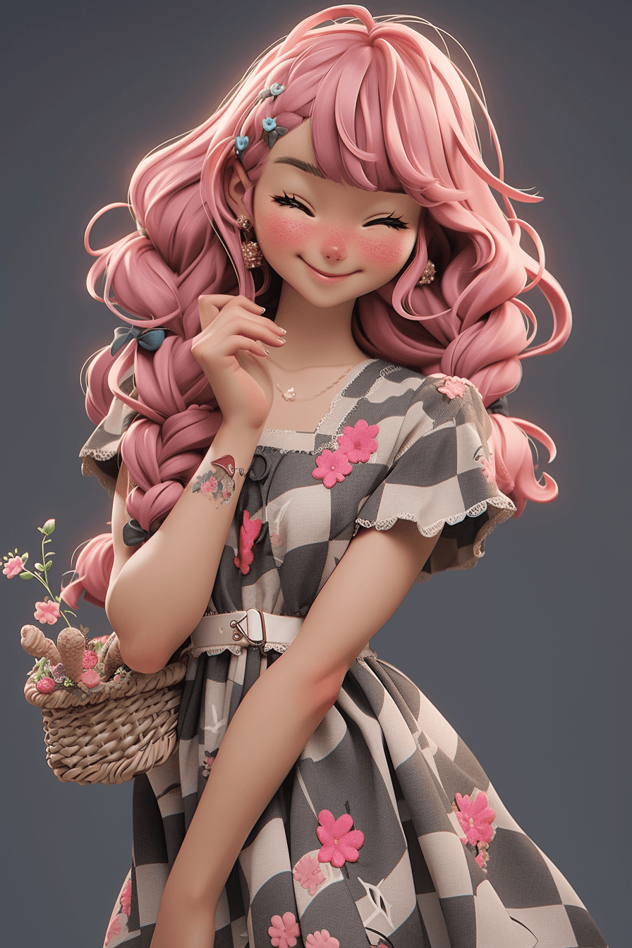 AI generated: A cute kind-hearted and nurturing young girl, with side braid pink hair, round face, soft smile line...