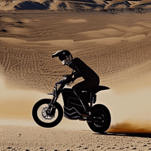 AI generated: a 55 years woman riding an electric dirt bike in the desert, black clothing, expensive carbon futuri...