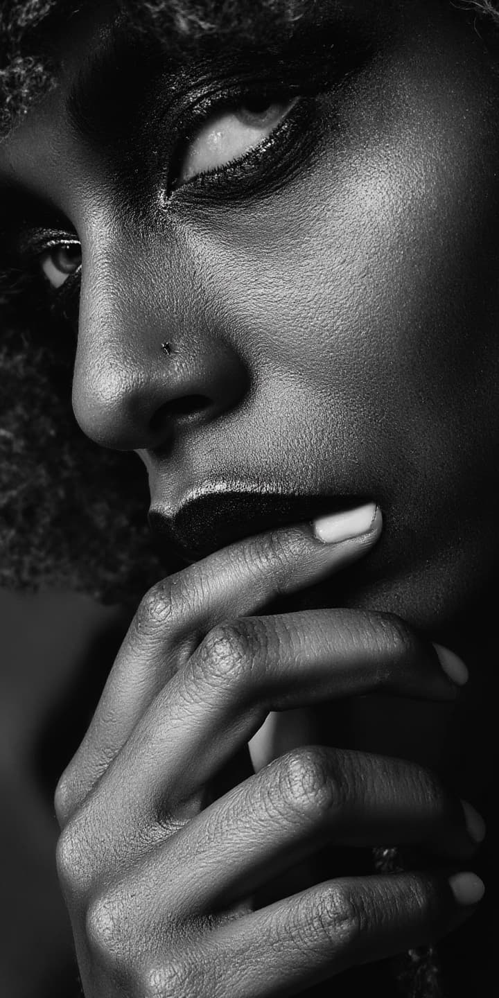 AI generated: black and white photography, fashion editorial, n in studio lights, highres, realistic photo, profes...