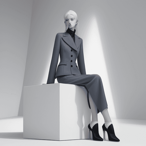 AI generated: a woman sitting on top of a white cube, official jil sander editorial, blue and grey tones, trending...