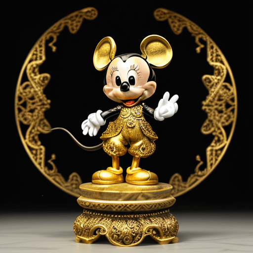 AI generated: gorgeous Micky Mouse statue with gold filigree :: carved marble --q 2 --s 3000 --ar 1:2 --uplight