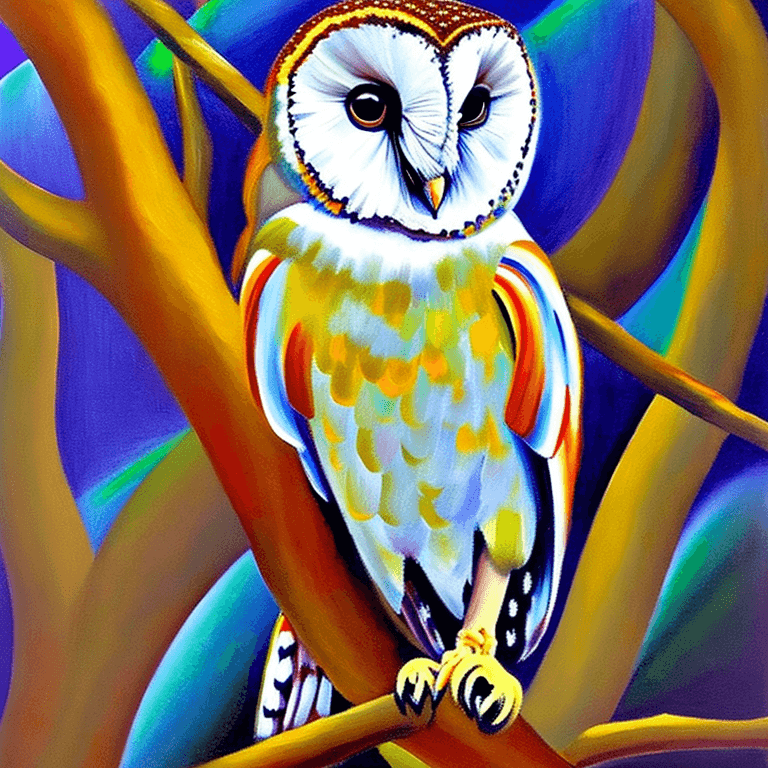 AI generated: Ralistic, ((Masterpiece, best quality)), extremely cute barn owl perching on branch in dream park, i...