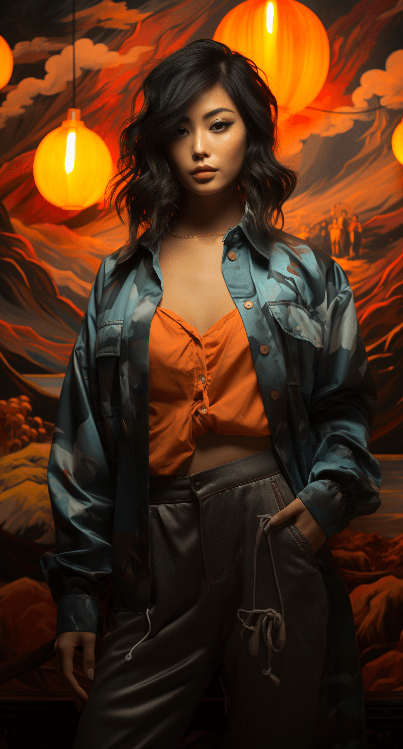 AI generated: a beautiful asian model in jeans at night, in the style of casey weldon, detailed attention to costu...