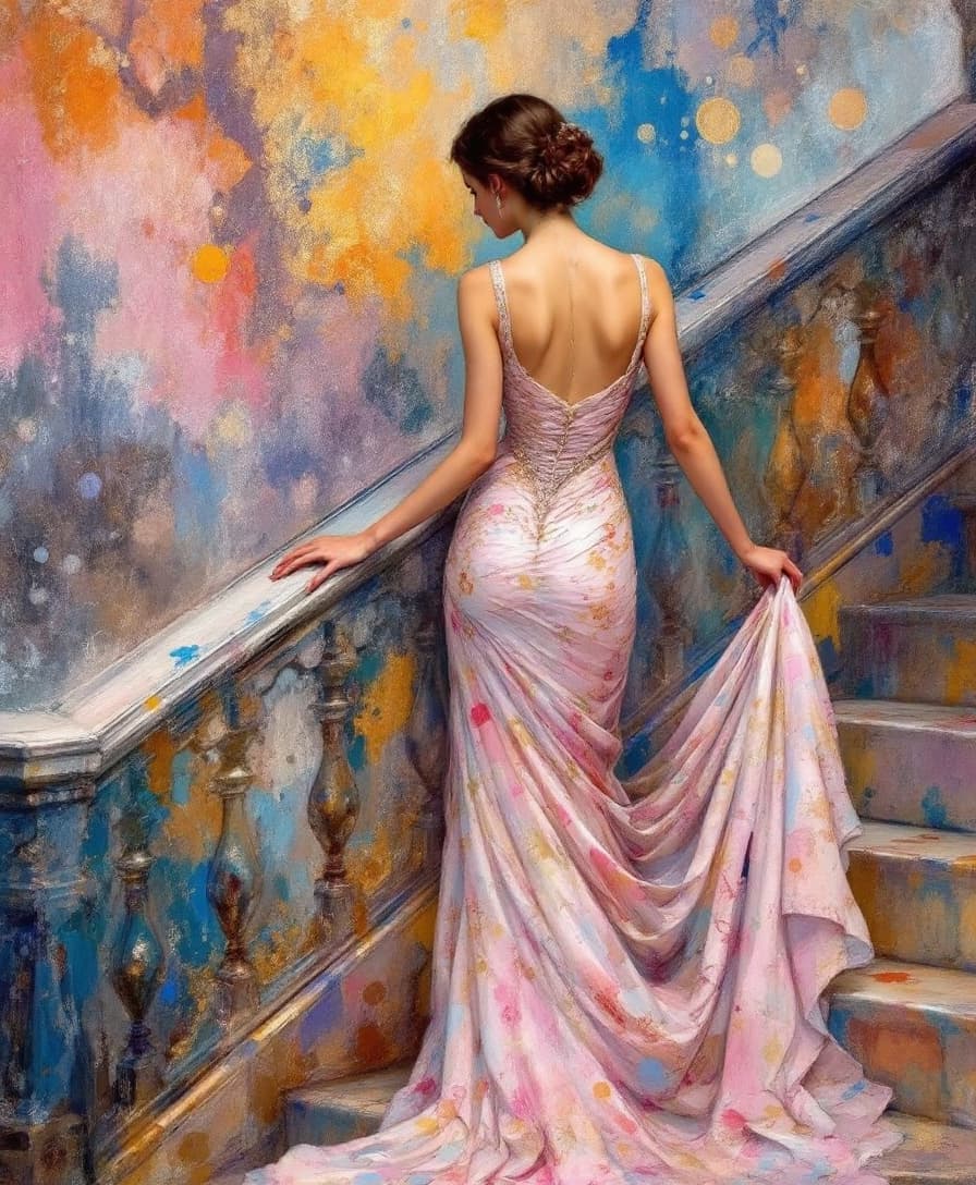 AI generated: Masterpiece), ((""Woman on a Staircase (1876) by Pierre-Auguste Renoir"")), Inspired by the style il...