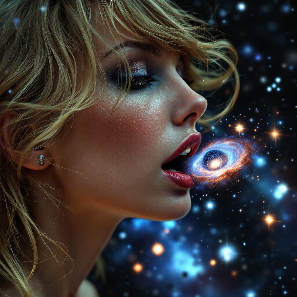AI generated: enormous giantess taylor swift, minuscule galaxy in front of her mouth, photo-realistic hyperbole --...