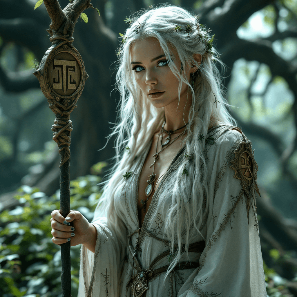 AI generated: The Seeress of the Yggdrasil: A wise and enigmatic woman with long, platinum blonde hair often style...