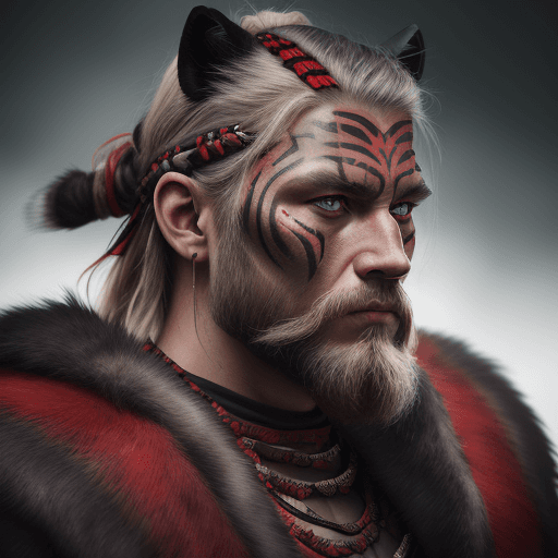 AI generated: hyperrealistic style, portrait photo of a Viking warrior chief, tribal panther make up, red on black...