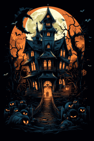 AI generated: Horror illustration of a haunted house with ghosts lurking in the shadows, chilling book, Kaleidosco...