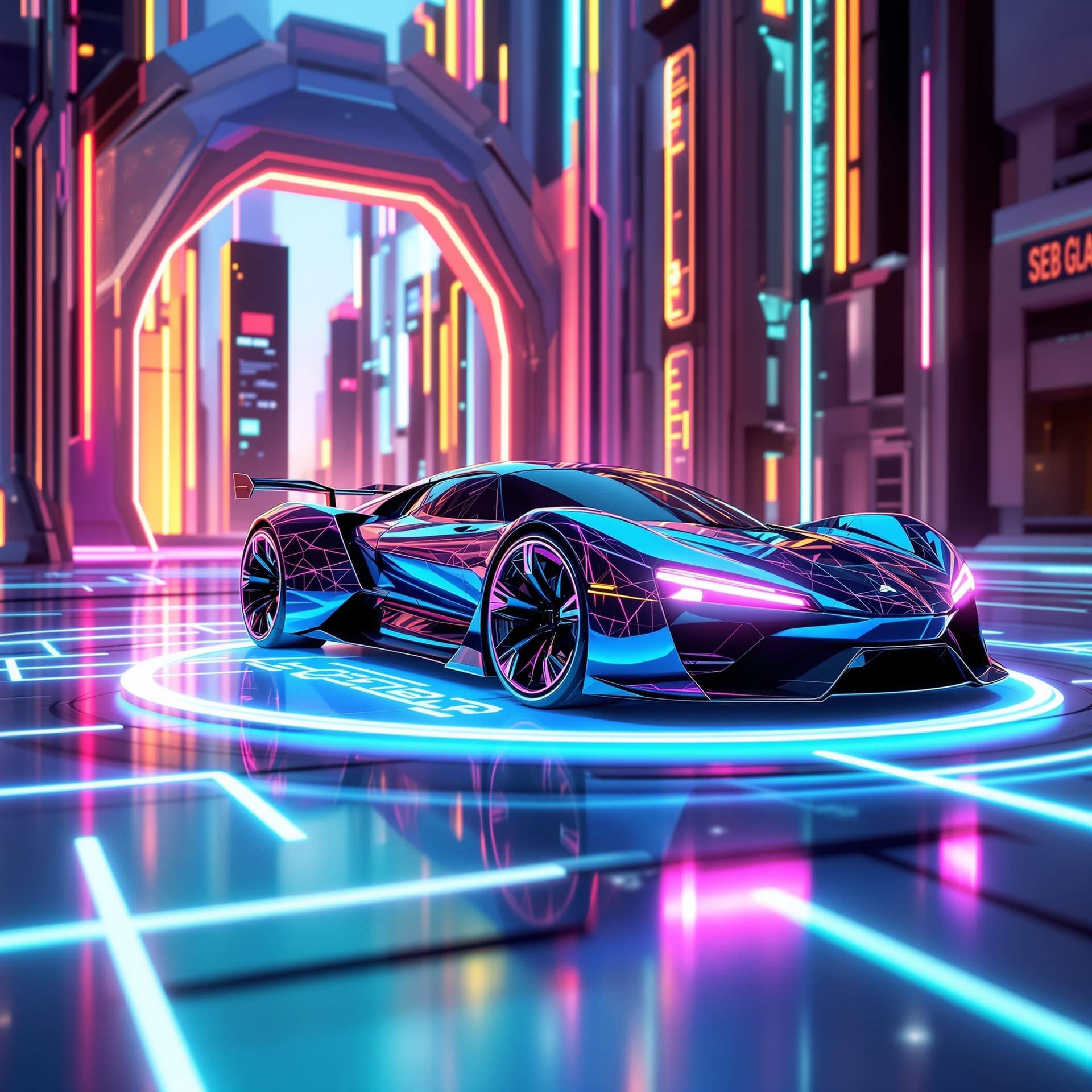 AI generated: sleek futuristic sports car with a vivid metallic paint job and neon led highlights is parked on top...