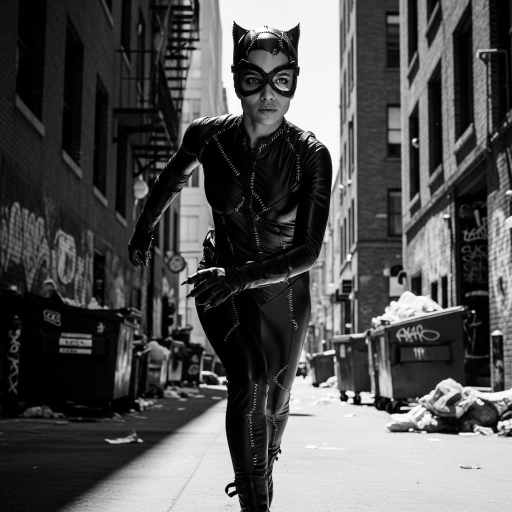 AI generated: Catwoman in an alley during day. Crush the blacks and soften the highlights. Add film grain. Hyper d...