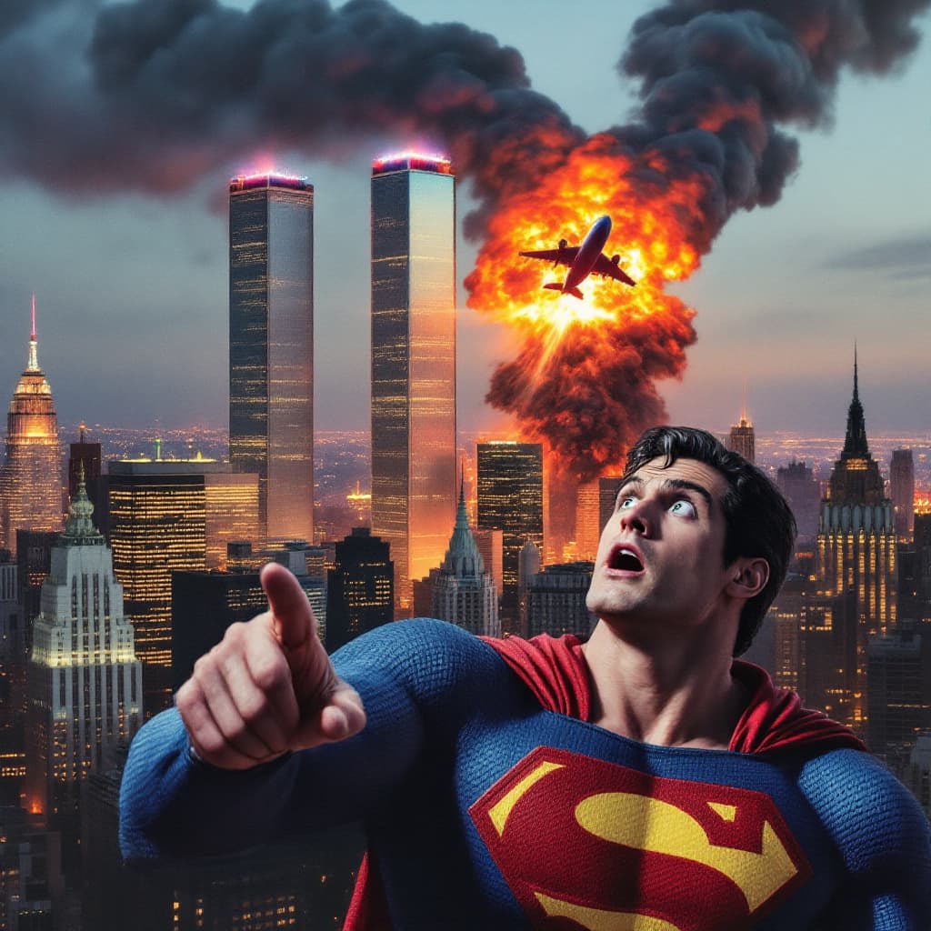 AI generated: I want a photo of the twin towers and a plane about to crash into them, and in the foreground Superm...