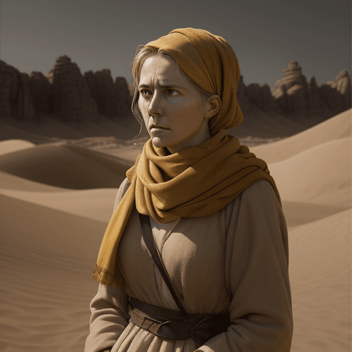 AI generated: a woman wearing a yellow scarf, in the style of biblical drama, light brown and amber, desertwave, a...