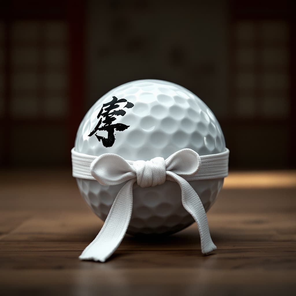 AI generated: A karate dojo-themed golf ball with white belt wrap and dojo kanji symbols.background "with love" ul...