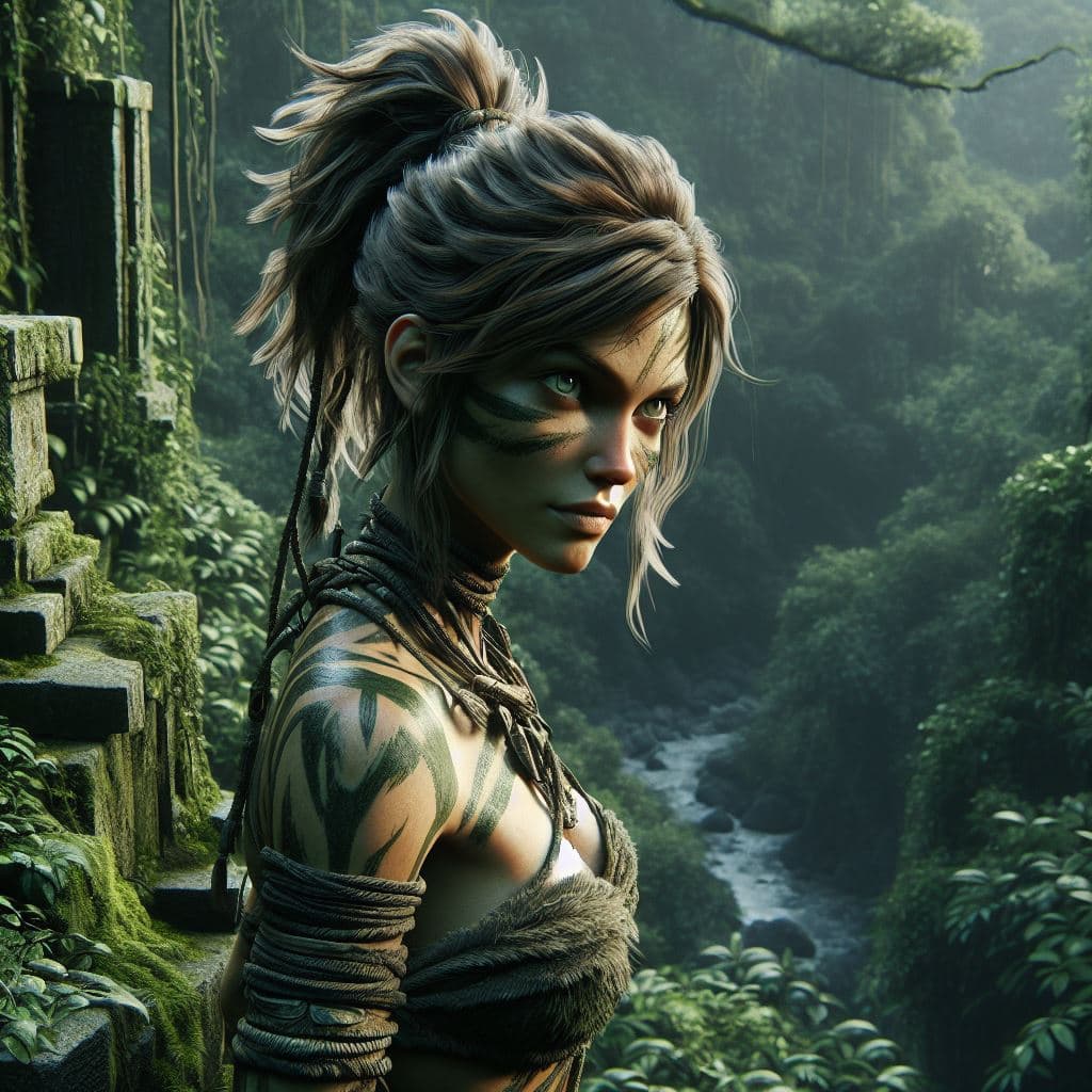 AI generated: In a lush, overgrown jungle, Eira, a fierce, agile warrior-queen, stands atop an ancient stone templ...