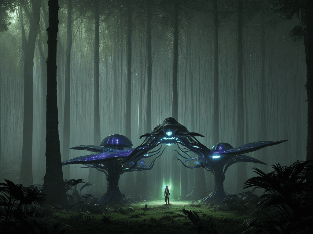 AI generated: (((masterpiece))), ((alien spaceships hiding in the rain forest)), (colorfully bright lit alien spac...