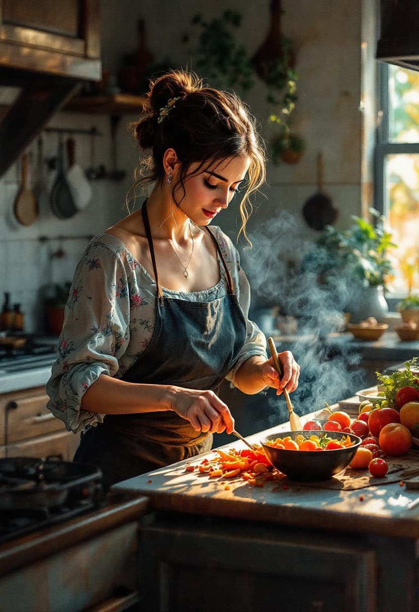 AI generated: Sketch Art, Beautiful Colored Pencil Line, Artistic Brush Strokes, Beautiful, Housewife, Kitchen, Co...