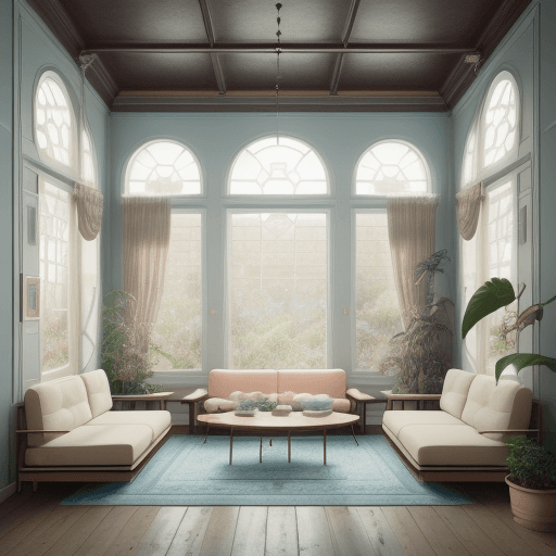 AI generated: High resolution photography interior design, dreamy sunken living room conversation pit, wooden floo...