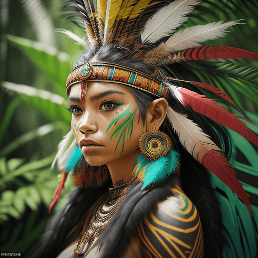 AI generated: Portrait Photography, captures the moment when a tribal female warrior, adorned with intricate paint...