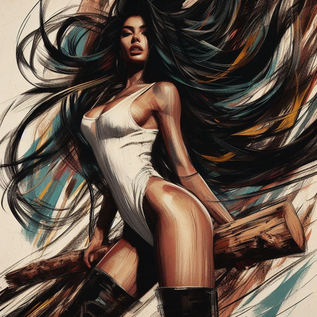 AI generated: front photo shot, aesthetic, painterly style, modern ink, thin spanish woman with long black hair ho...