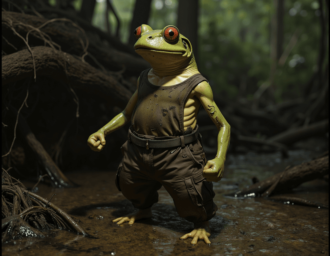 AI generated: cinematic photo Photorealistic 8k image of an anthropomorphic frog with bulging red eyes, furrowed b...