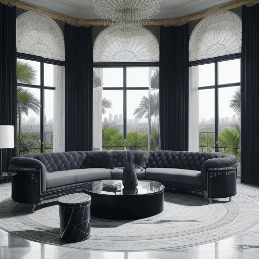 AI generated: A photo of an interior design in the style of Sana Alikov, with dark blue sofas and light grey carpe...