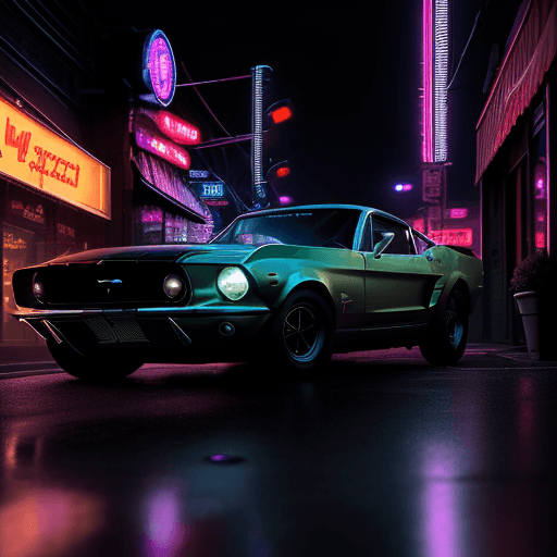 AI generated: a foggy night, a 68 mustang model car in front of a cafe illuminated with hyper cyberpunk neon light...
