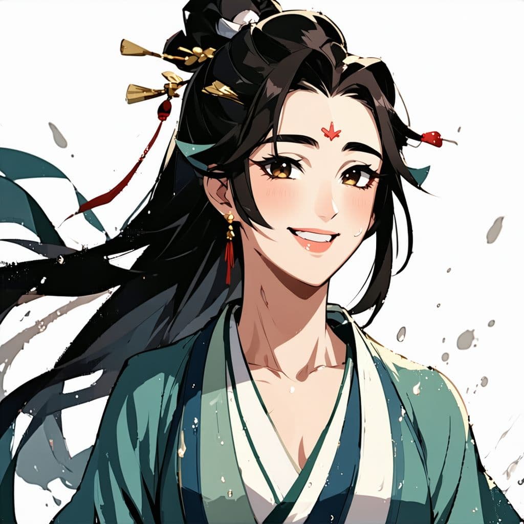 AI generated: Asian women with black flowing hair, slightly revealing robes, sweaty, happy, smiling, perfect body,...