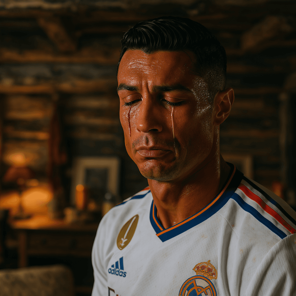 AI generated: A highly detailed and emotional close-up of Cristiano Ronaldo wearing a Real Madrid jersey, standing...