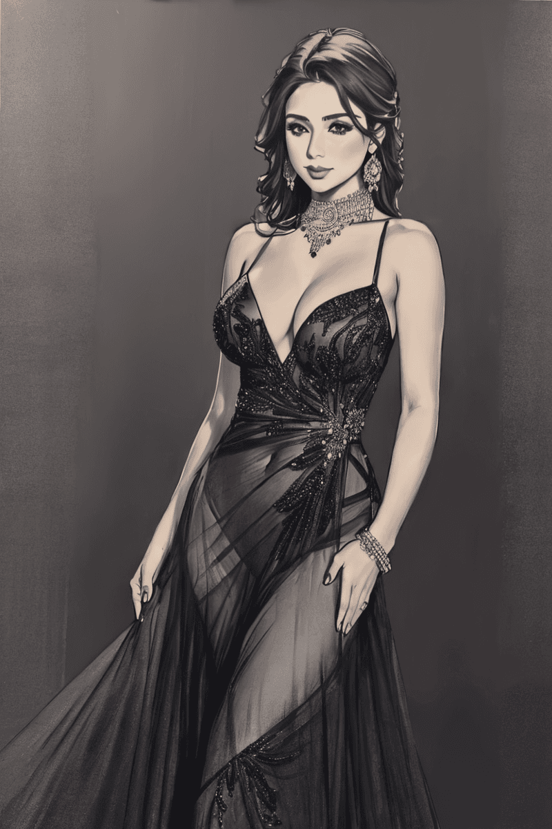 AI generated: 3/4 shot, charcoal drawing of, a 24 year old woman, sexy, alluring, highly detailed evening gown, te...