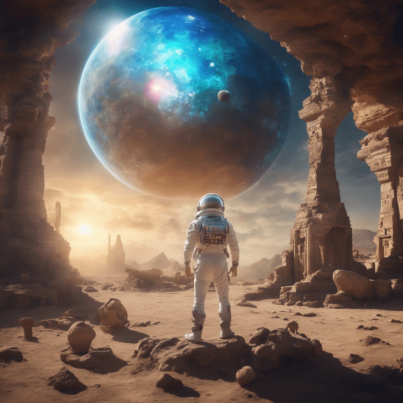 AI generated: A futuristic space archaeologist, aged 42, equipped with advanced archaeological tools, stands amids...