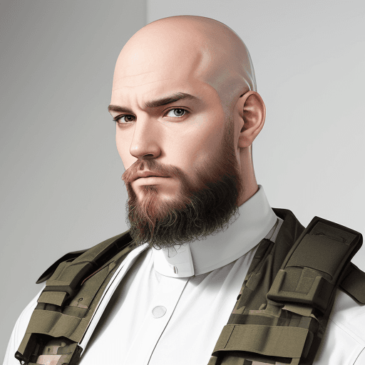 AI generated: Photograph, man, model, minimalist millitary, a bald head and beard, gaze, solid white environment, ...