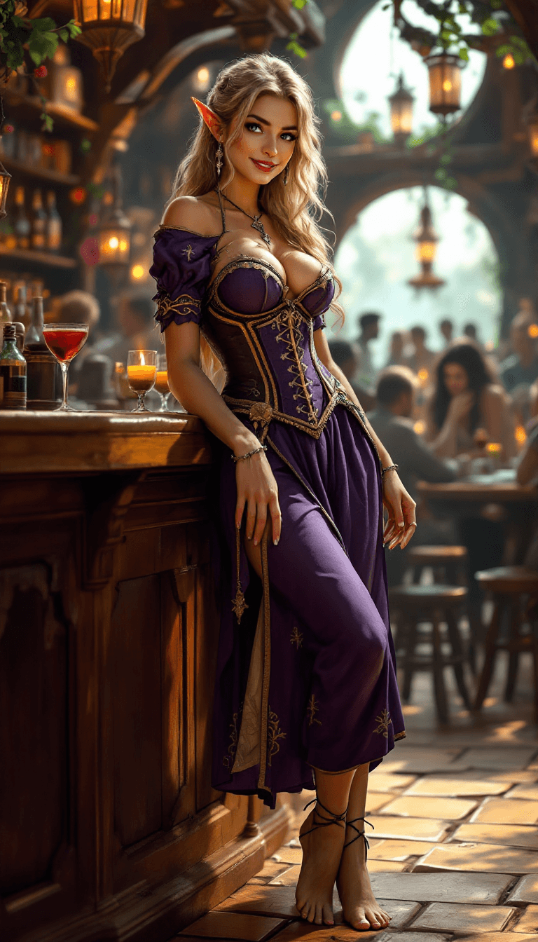 AI generated: Full body view of photorealistic photography [full-body shot] of a fantasy-style [Sylvara - Tavern E...