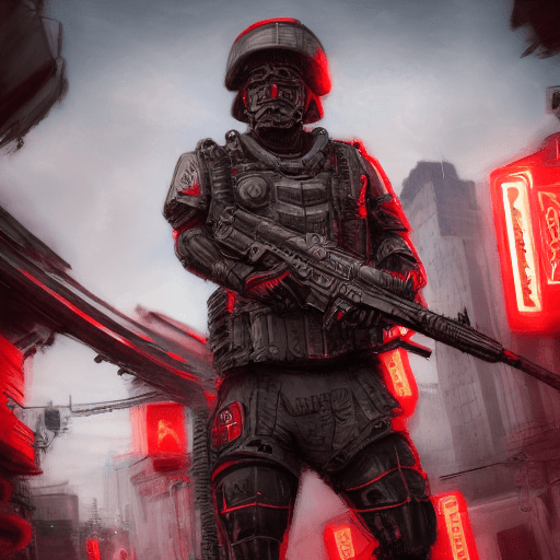 AI generated: hyperrealistic art Futuristic soldier with advanced armor, weaponry, and helmet, neon red, street, o...