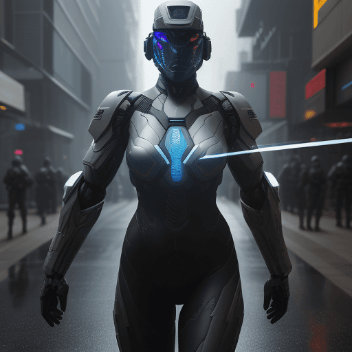 AI generated: Futuristic soldier with hi-tech armor and weaponry, holograms navigations, street, overcast, reflect...