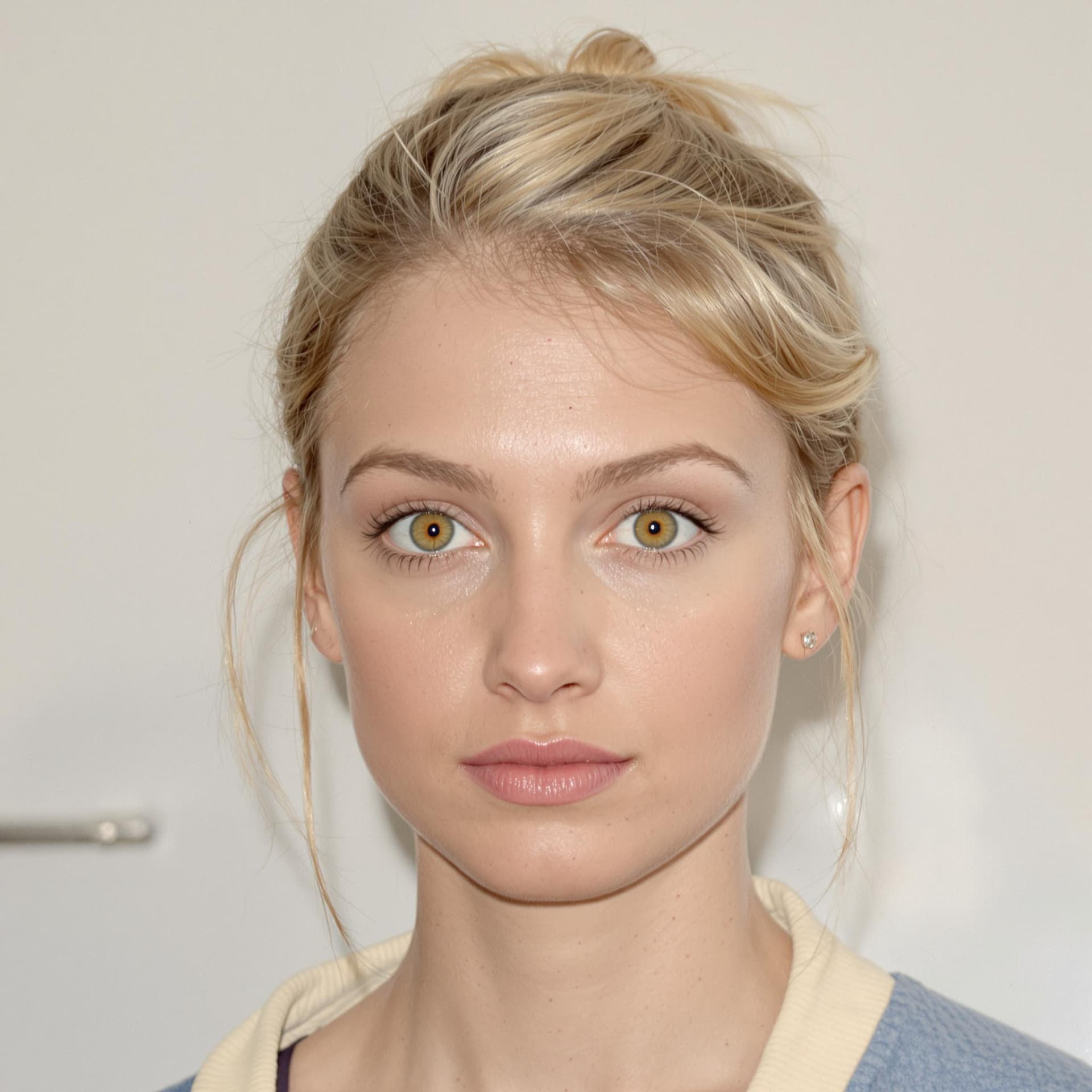 AI generated: A Real photograph of a blond women in her 20s, her hair is short with a small bun. She has yellow ey...
