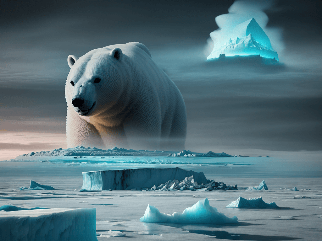 AI generated: post-apocalyptic landscape, of a polar bear, in a floating iceberg, in front of floating pollution, ...