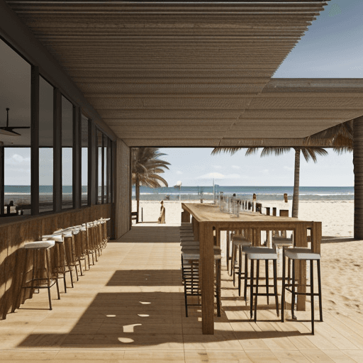 AI generated: only one floor,spanish style, large beach restourant together with a bar building,modern,wood,constr...