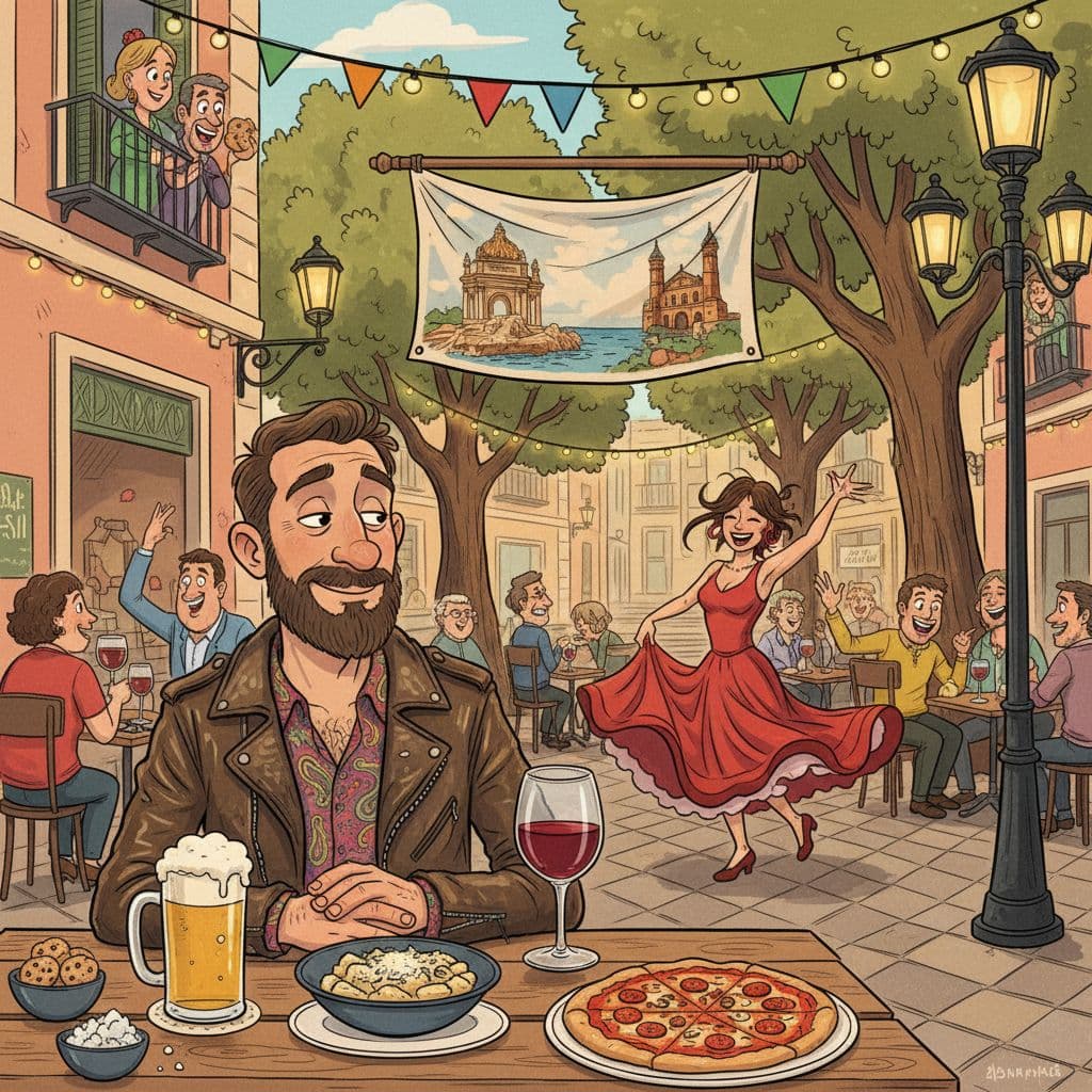 AI generated: Hombre andaluz alternativo, estilo blusero, sentado en un bar al aire libre en la Alameda de Sevilla...